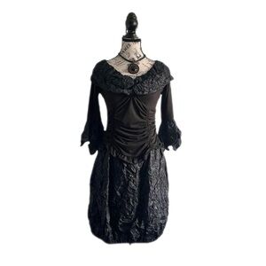 Zone Bleue Y2K Black Crinkle Vamp Dress With Bell Sleeves  And Ruched Front